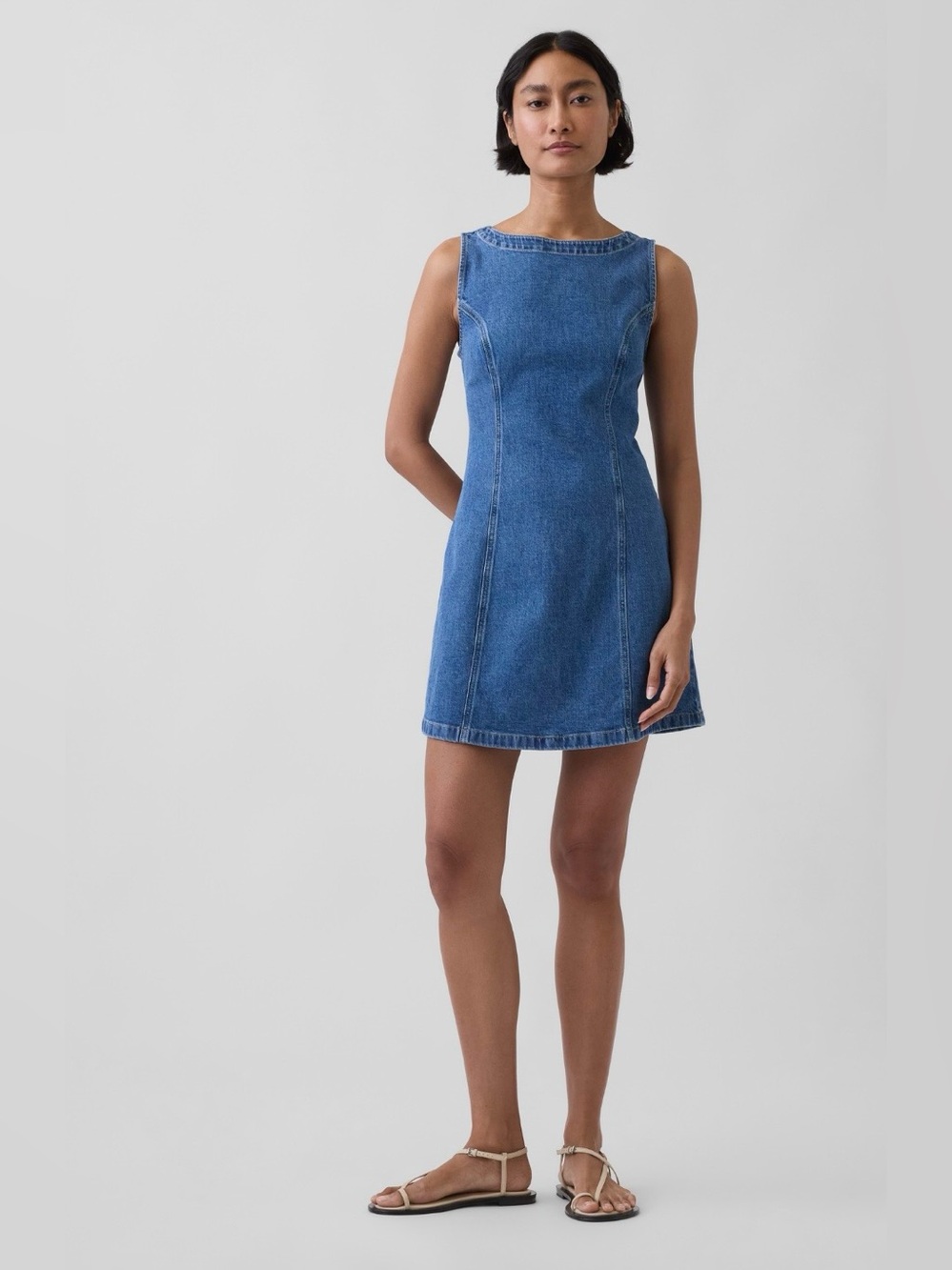 NWT-GAP Denim Boatneck Open-Back Mini Dress, Medium Petite